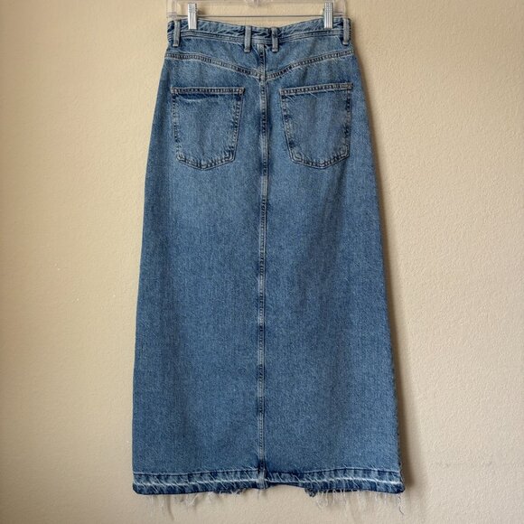Zara Distressed Released Hem Front Slit Denim Blue Jean Midi Skirt - Picture 7 of 9